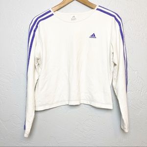 Adidas white long sleeve crop top blue stripes L